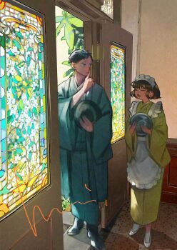 Rule 34 | 1boy, 1girl, absurdres, apron, black hair, blue eyes, blue kimono, closed eyes, commentary request, door, finger to mouth, frilled apron, frills, green kimono, hat, highres, holding, holding tray, holding unworn clothes, holding unworn hat, japanese clothes, kimono, maid, maid headdress, mori hisato, original, plant, short hair, shushing, stained glass, tray, unworn hat, unworn headwear, wa maid