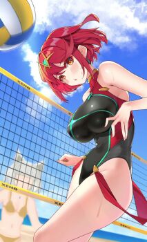 ball bare_shoulders beach black_one-piece_swimsuit blush breasts chest_jewel core_crystal_(xenoblade) earrings highres jewelry large_breasts looking_at_viewer matrix16 midair nia_(xenoblade) ocean one-piece_swimsuit pyra_(pro_swimmer)_(xenoblade) pyra_(xenoblade) red_eyes red_hair red_one-piece_swimsuit sand short_hair solo_focus swimsuit tiara volleyball volleyball_(object) volleyball_net xenoblade_chronicles_(series) xenoblade_chronicles_2