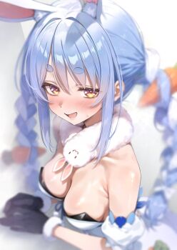 Rule 34 | 1girl, animal ears, black gloves, blue hair, blush, braid, breasts, carrot hair ornament, cleavage, coat, coat dress, commentary request, detached sleeves, don-chan (usada pekora), dress, extra ears, food-themed hair ornament, fur-trimmed gloves, fur scarf, fur trim, gloves, hair ornament, highres, hololive, leotard, leotard under clothes, long hair, looking at viewer, medium breasts, multicolored hair, nyarurato0debu, open mouth, orange eyes, puffy detached sleeves, puffy short sleeves, puffy sleeves, rabbit-shaped pupils, rabbit ears, rabbit girl, scarf, short eyebrows, short sleeves, sidelocks, smile, solo, strapless, strapless leotard, symbol-shaped pupils, thick eyebrows, twin braids, two-tone hair, usada pekora, usada pekora (1st costume), virtual youtuber, white coat, white hair, white scarf, white sleeves