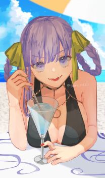 1girl bare_shoulders bb_dubai_(fate) black_dress breasts cleavage cocktail cocktail_glass cup dress drinking_glass fate/grand_order fate_(series) hair_ribbon highres jewelry mkt0102 nail_polish purple_eyes purple_hair revealing_clothes ribbon yellow_ribbon