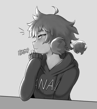 1girl ahoge amber_(vammzu) arm_up borrowed_character english_text facing_to_the_side freckles fuck-me_shirt highres hood hoodie looking_at_viewer monochrome original short_hair smile smug solo table teeth tonka_kryga