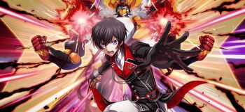 1boy black_gloves black_hair black_jacket code_geass code_geass:_lost_stories commentary_request f4samurai gloves highres jacket knightmare_frame lelouch_vi_britannia mecha official_art open_mouth purple_eyes robot skirt solo teeth white_skirt