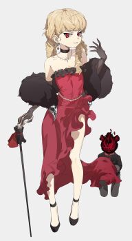 1girl absurdres bare_shoulders blonde_hair blonde_ojousama_(sagix) cane choker commentary_request commission dress drill_hair earrings familiar flat_chest full_body gloves high_heels highres jewelry light_smile long_hair looking_at_viewer necklace original pixiv_commission red_dress red_eyes shawl shimiya_jin simple_background solo strapless strapless_dress stuffed_animal stuffed_toy teddy_bear