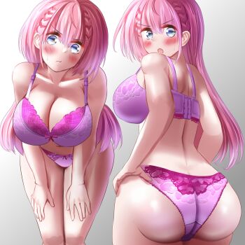 1girl aqua_eyes ass back bare_shoulders blue_eyes blush bokutachi_wa_benkyou_ga_dekinai bra braid breasts butt_crack gu~derenko highres kirisu_mafuyu large_breasts leaning_forward long_hair looking_at_viewer looking_back multiple_views navel panties pink_hair sideboob solo stomach thighs underwear