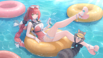 1girl absurdres ahoge animal_on_leg ankle_strap bare_shoulders bead_bracelet beads blunt_bangs blush bow bracelet braid breasts camera camera_around_neck chinese_commentary cleavage commentary_request eyewear_on_head facial_mark feet full_body green_eyes grin hair_bow hair_ornament heart heart-shaped_eyewear heart_facial_mark high_heels highres holding holding_water_gun innertube jewelry kamanosuke_(zenless_zone_zero) large_bow leg_up long_hair looking_at_viewer low_twin_braids low_twintails lying medium_breasts mixed-language_commentary mrotan multicolored_one-piece_swimsuit nail_polish official_alternate_costume on_back on_innertube one-piece_swimsuit pink_one-piece_swimsuit pink_sandals pool red_hair red_one-piece_swimsuit sandals sidelocks skindentation smile solo sphere_hair_ornament sunglasses swim_ring swimsuit tanuki teeth thigh_strap thighs twin_braids twintails two-tone_one-piece_swimsuit ukinami_yuzuha ukinami_yuzuha_(tanuki_in_broad_daylight) very_long_hair water_gun white_bow white_one-piece_swimsuit zenless_zone_zero