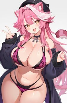 animal_ears animal_print bikini black_coat black_hat breasts coat commentary english_commentary hair_intakes hat highres hololive hololive_english huge_breasts kaptivate leopard_print leopard_print_bikini multicolored_hair navel off_shoulder open_mouth paid_reward_available panther_ears panther_girl panther_tail pink_bikini pink_hair print_bikini psd_available raora_panthera simple_background solo streaked_hair swimsuit tail v white_hair