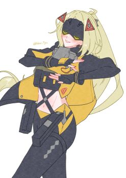 1girl absurdres ammunition_pouch ashimi_fugo black_gloves black_pants black_shrug blindfold_mask blonde_hair blush camouflage camouflage_jacket camouflage_pants commentary_request covered_eyes cowboy_shot fingerless_gloves gloves glowing_mask hair_ornament highres jacket latex_pants long_hair mask navel pants parted_lips ponytail pouch shrug_(clothing) simple_background smile solo tight_clothes tight_pants triangle_hair_ornament trigger_(zenless_zone_zero) twitter_username white_background zenless_zone_zero