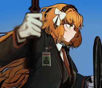 Rule 34 | 1girl, black jacket, black vest, bow, closed mouth, collared shirt, commentary, dated commentary, freckles, from side, green eyes, hand up, highres, holding, holding mace, holding shield, holding weapon, id card, ishmael (project moon), jacket, lapels, limbus company, long hair, long sleeves, mace, necktie, notched lapels, orange hair, project moon, red necktie, shield, shirt, sidelocks, solo, very long hair, vest, weapon, white bow, white shirt, wldrnbag19