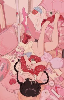 1girl absurdly_detailed_composition ball basketball_(object) black_hair braid cameo camera commentary_request cosmetics couch darico dress guitar hair_dryer hair_ornament hairclip hat heart hello_kitty hello_kitty_(character) high_heels highres holding indoors instrument legs_up lipstick_tube loaded_interior long_hair low_twin_braids lying messy_room nail_polish_bottle notebook on_back original pen pillow pink_theme radio red_shoes red_theme sanrio shirt shoes single_shoe solo sticker twin_braids unworn_hair_ornament unworn_hairclip unworn_hat unworn_headwear unworn_shirt white_dress