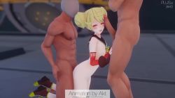 1girl 2boys 3d ai-chan_(honkai_impact) akt_(filtration) animated blush fellatio gloves green_hair hairdressing honkai_(series) honkai_impact_3rd multiple_boys no_panties oral orange_eyes penis sex sex_from_behind short_hair tagme uncensored video