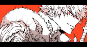 Rule 34 | 1boy, alternate universe, bakugou katsuki, black border, boku no hero academia, boku no hero academia 2nd popularity poll, border, closed mouth, commentary request, ear piercing, evil smile, greyscale, highres, letterboxed, light smile, looking at viewer, male focus, monochrome, official alternate costume, piercing, red background, red eyes, short hair, simple background, smile, solo, spiked hair, spot color, tsukota, twitter username