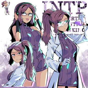 16personalities 1girl ? closed_mouth cloumello coat commentary confused erlenmeyer_flask flask glasses goggles grey_coat grey_eyes highres holding holding_flask holding_test_tube lab_coat logician_(16personalities) long_hair long_sleeves looking_at_viewer multiple_views myers-briggs_type_indicator open_clothes open_coat parted_bangs ponytail purple_hair purple_sweater purple_theme scientist sweater test_tube tongue tongue_out turtleneck turtleneck_sweater