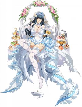 1girl arch arm_behind_back bare_shoulders black_hair blue_trim blunt_bangs bouquet bra_in_mouth breasts bridal_lingerie bridal_veil bride brown_eyes cake choker cleavage clothes_in_mouth come_hither covered_navel cream_on_body curtains dessert donut dress elbow_gloves flower food food_on_body food_on_breasts frilled_dress frilled_thighhighs frills full_body game_cg garter_straps gloves hair_flower hair_ornament head_chain head_tilt high_heels holding holding_donut holding_food icing jewelry langrisser langrisser_mobile langrisser_re:incarnation large_breasts lingerie long_hair long_sidelocks looking_at_viewer maiya_(langrisser) nontraditional_wedding_dress official_alternate_costume official_art pink_flower pink_rose rose seductive_smile shoes sidelocks simple_background single_shoe sitting smile solo tachi-e thighhighs thighs third-party_source tiara tiered_tray transparent_background underwear unworn_shoes veil wedding_arch wedding_dress white_dress white_flower white_gloves white_rose white_shoes white_thighhighs