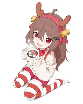 Rule 34 | 1girl, antlers, bell, broken heart, broken heart hair ornament, brown hair, choker, coffee, commentary, cup, english commentary, evil neuro-sama, fang, from above, from side, hair bell, hair between eyes, hair ornament, heart, highres, holding, holding cup, horns, long hair, long sleeves, looking at viewer, neuro-sama, no shoes, nokkopiart, open mouth, red choker, red eyes, red shorts, red thighhighs, reindeer antlers, shorts, simple background, sitting, skin fang, solo, striped clothes, striped thighhighs, sweater, thighhighs, two side up, vedal ai, vertical-striped clothes, vertical-striped thighhighs, virtual youtuber, wariza, white background, white thighhighs, yellow sweater