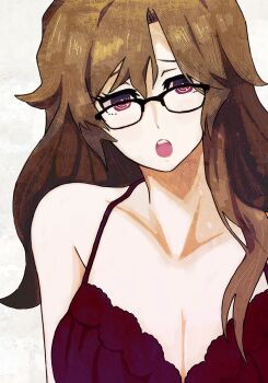 1girl :o breasts cleavage collarbone glasses highres kiryuu_moeka long_hair looking_at_viewer medium_breasts nightgown non-web_source red_nightgown science_adventure secretter solo steins;gate steins;gate_0 teeth upper_teeth_only