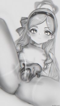 1girl absurdres autreeyah blue_archive breasts closed_mouth female_ejaculation gloves greyscale hairband highres loli long_hair looking_at_viewer monochrome pantyhose pussy simple_background sitting small_breasts solo spread_pussy spreading_own_pussy takane_(blue_archive) uncensored