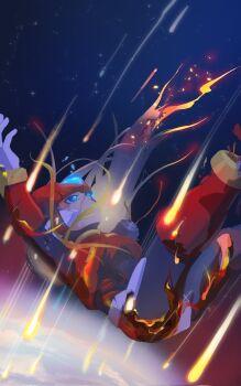 1boy armor battle_damage blonde_hair blue_eyes earth_(planet) forehead_jewel helmet highres long_hair male_focus mega_man_(series) mega_man_zero_(series) mega_man_zero_4 mr_cairox planet red_armor red_helmet solo space zero(z)_(mega_man) zero_(mega_man)