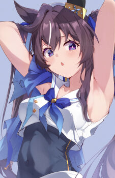 1girl absurdres animal_ears armpits arms_behind_back blue_ribbon blush breasts brown_hair commentary_request covered_navel dress ear_covers hair_between_eyes hat highres horse_ears horse_girl long_hair looking_at_viewer medium_breasts mole mole_under_eye multicolored_hair one-piece_swimsuit open_mouth pandoa_(mikage0495) partial_commentary ribbon shirt single_ear_cover skirt sleeveless sleeveless_dress solo streaked_hair swimsuit swimsuit_under_clothes twintails umamusume vivlos_(umamusume) vivlos_(voyage_etincelant)_(umamusume) white_shirt white_skirt