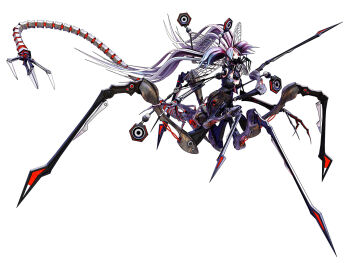 1girl 3d black_shirt breasts calne_ca_(deino) claws deino_(deino3330) head_wings insect_wings long_hair long_tail looking_at_viewer mechanical_arms medium_breasts original red_eyes robot robot_girl shirt solo speaker tail taur twintails very_long_hair white_background white_hair wings wire