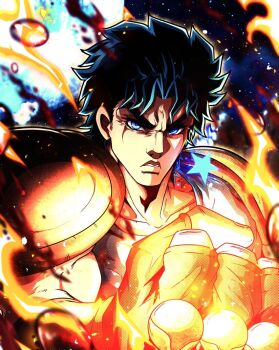 1boy angry araki_hirohiko_(style) birthmark blue_eyes blue_hair fingerless_gloves gloves hamon joestar_birthmark jojo_no_kimyou_na_bouken jonathan_joestar male_focus muscular noonvincent phantom_blood shirt shoulder_pads sleeveless sleeveless_shirt sparkle star_(symbol)