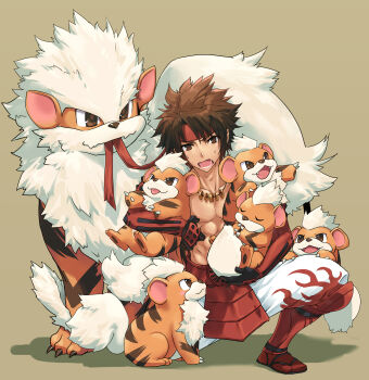 Rule 34 | 1boy, absurdres, arcanine, brown background, brown hair, crossover, gen 1 pokemon, growlithe, headband, highres, holding, holding pokemon, jewelry, male focus, necklace, nintendo, no shirt, open mouth, pokemon, pokemon (creature), red headband, sanada yukimura (sengoku basara), sengoku basara, simple background, solo, spiked hair, sweat, toned, toned male, torichikushou