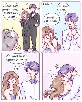 1girl 2boys :3 adjusting_clothes black_bow black_bowtie black_dress black_jacket black_pantyhose black_suit bow bowtie brown_hair commentary couple dress earrings english_commentary formal_clothes grey_hair hair_between_eyes hand_in_pocket hetero highres iturqueen1 jacket jewelry kiss long_dress long_hair love_and_deepspace multiple_boys off-shoulder_dress off_shoulder pantyhose parted_bangs protagonist_(love_and_deepspace) purple_hair rafayel_(love_and_deepspace) shirt short_hair suit suit_jacket sweatdrop thomas_(love_and_deepspace) twitter_username white_shirt