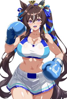 Rule 34 | 1girl, :3, animal ears, bare shoulders, beret, blue eyes, blue ribbon, blush, boxing, boxing gloves, breasts, brown hair, cleavage, collarbone, commentary request, ear covers, hair between eyes, hat, highres, horse ears, horse girl, horse tail, kasana, large breasts, long hair, looking at viewer, midriff peek, mole, mole under eye, mouth guard, multicolored hair, navel, open mouth, ribbon, shiny skin, single ear cover, skirt, smile, solo, sports bra, streaked hair, tail, textless version, toned, toned female, twintails, umamusume, vivlos (umamusume), white hat, white skirt, white sports bra