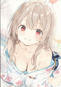 1girl animal bad_tag blush bow breasts cleavage collarbone commentary_request floral fluff fours highres japanese_clothes kimono obi pillarboxed rabbit ryouiki sash sidelocks smile solo tail thighhighs yoru_(watercolor_artist) yukata zettai