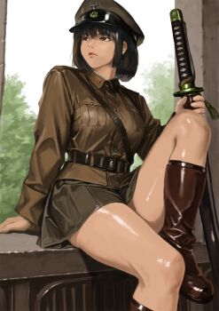 Rule 34 | 1girl, black eyes, boots, breasts, brown boots, brown shirt, brown skirt, commentary request, hat, highres, holding, holding sword, holding weapon, imperial japanese army, katana, knee up, long sleeves, looking to the side, medium breasts, military hat, military uniform, miniskirt, on windowsill, original, shirt, short hair, sitting, skirt, solo, sword, tyokugekidato, weapon