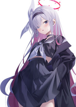 1girl absurdres black_choker black_coat black_eyes black_hairband black_sailor_collar black_serafuku blue_archive braid choker coat colored_inner_hair commentary_request ekidona hair_over_one_eye hairband halo hand_under_clothes highres long_hair looking_at_viewer multicolored_hair plana_(blue_archive) red_halo red_pupils ribbon sailor_collar school_uniform serafuku single_braid solo sweat white_background white_ribbon