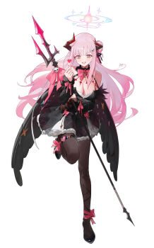 1girl absurdres alternate_costume asymmetrical_horns bare_shoulders black_dress black_horns black_pantyhose black_wings blue_archive bow bowtie breasts cleavage detached_sleeves dress feathered_wings gradient_halo gradient_horns hair_bun hair_ornament halo highres holding holding_polearm holding_weapon horns large_breasts long_hair low_wings mika_(blue_archive) modare multicolored_halo multicolored_horns open_mouth pantyhose pink_bow pink_bowtie pink_hair polearm skull_hair_ornament solo thigh_strap weapon wings yellow_eyes