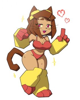 animal_ears bikini blush_stickers brown_hair cat_ears cat_girl cat_tail clenched_hand commentary dark-skinned_female dark_skin english_commentary fang fang_out full_body gameoverse gloves goggles goggles_on_head hands_up heart highres index_finger_raised kit_bodega looking_at_viewer navel open_mouth red_bikini red_eyes red_gloves short_hair simple_background sirsmolnsfw smile snout standing standing_on_one_leg sweat swimsuit tail tan teeth upper_teeth_only whiskers white_background yellow_gauntlets