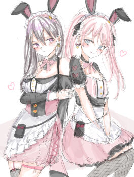 2girls absurdres animal_ears apron bang_dream! bang_dream!_it&#039;s_mygo!!!!! black_hair black_thighhighs bow bowtie breasts chihaya_anon closed_mouth commentary detached_sleeves earrings fake_animal_ears flat_chest garter_straps grey_eyes heart highres holding_own_arm jewelry juliet_sleeves latte_bf long_hair long_sleeves looking_at_viewer maid_headdress medium_breasts multiple_girls official_alternate_costume parted_lips pink_bow pink_bowtie pink_hair pink_skirt puffy_short_sleeves puffy_sleeves purple_eyes rabbit_ears shiina_taki short_sleeves skirt thigh_strap thighhighs tongue tongue_out twintails waist_apron white_apron