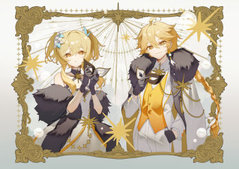 1boy 1girl aether_(genshin_impact) ayiiiyiii black_gloves blonde_hair breasts closed_mouth dress flower fur-trimmed_jacket fur_trim genshin_impact gloves hair_between_eyes hair_flower hair_ornament highres holding holding_mask jacket long_hair lumine_(genshin_impact) mask open_mouth pants twintails vest white_dress white_jacket white_pants yellow_eyes yellow_vest