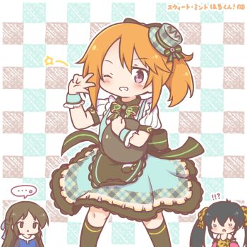 !? ... 3girls animal_print apron black_apron black_bow black_hair blue_dress blue_skirt blue_vest blush bow brown_eyes brown_hair checkered_background chibi commentary_request dress fang grin hat holding holding_tray idolmaster idolmaster_cinderella_girls idolmaster_cinderella_girls_starlight_stage jacket leopard_print matoba_risa mini_hat mint_chocolate mitarashi_neko multiple_girls open_mouth orange_hair parted_lips plaid_hat print_camisole print_ribbon puffy_short_sleeves puffy_sleeves purple_jacket ribbon shirt short_sleeves skirt smile solo_focus spoken_ellipsis star_(symbol) tachibana_arisu tilted_headwear tray twintails unmoving_pattern v v_over_eye vest waist_apron waitress white_shirt wide_oval_eyes wrist_cuffs yuuki_haru