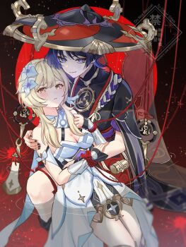 1boy 1girl arm_cutout armor bare_shoulders black_bodysuit black_corset black_hat black_kimono black_mask black_nails black_shorts black_sleeves blonde_hair blue_flower blue_trim blunt_ends blush bodysuit bound bound_wrists breasts bright_pupils cleavage clenched_hand closed_mouth clothing_cutout corset covered_collarbone detached_sleeves dress eyelashes eyeliner eyeshadow fatui_logo feather_hair_ornament feathers flower furisode genshin_impact gold gold_trim grey_veil hair_flower hair_ornament halterneck hand_on_another&#039;s_arm hand_on_another&#039;s_hip hand_on_another&#039;s_shoulder hand_on_own_chest hat hetero highres japanese_armor japanese_clothes jewelry jingasa juban kimono kote kurokote large_breasts layered_sleeves looking_at_viewer lumine_(genshin_impact) lying_on_lap makeup mandarin_collar mask mask_on_head mitsudomoe_(shape) moon multicolored_flower neck_ring open_clothes open_kimono open_mouth purple_eyes purple_hair purple_sash purple_sleeves red_background red_eyeliner red_eyeshadow red_hat red_kimono red_moon red_rope red_sash ripples rope sash scaramouche_(genshin_impact) scarf see-through_clothes see-through_veil short_hair short_hair_with_long_locks short_sleeves shorts sidelocks smile snow20200 spider_lily tomoe_(symbol) tsurime two-tone_hat vambraces veil wading watermark white_dress white_feathers white_flower white_kimono white_pupils white_scarf white_sleeves wispy_bangs yellow_eyes