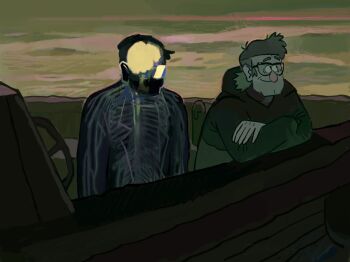 1boy 1other bill_cipher boat corruption crossed_arms elbow_rest ford_pines glasses gravity_falls grey_beard grey_hair grey_sky grunkle_stan leaning_forward mountainous_horizon outdoors ribs sideburns skeleton sky smile smumji1 spine steering_wheel sunrise upper_body watercraft