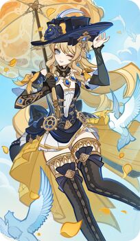 1girl bad_source bird black_boots black_gloves blonde_hair blue_eyes blue_flower blue_hat blue_rose blue_sky boots cloud cloudy_sky dress falling_petals floating_hair flower genshin_impact gloves hands_up hat hat_flower holding holding_umbrella long_hair looking_at_viewer navia_(genshin_impact) official_art one_eye_closed outdoors parasol parted_lips petals pigeon rose single_glove sky solo standing thigh_boots umbrella