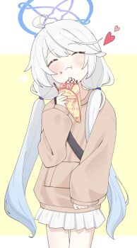 Rule 34 | 1girl, ahoge, alternate costume, blue archive, blue halo, blush, braid, cream, cream on face, crepe, eating, food, food on face, fruit, halo, highres, hituji03-24, holding, holding crepe, holding food, kirino (blue archive), long hair, long sleeves, miniskirt, pleated skirt, skirt, smile, solo, strawberry, twin braids, white hair, white skirt