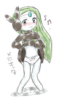 1girl barefoot black_dress blue_eyes blush bow bow_panties circlet clothes_lift crotch_seam dress dress_lift flat_chest gen_5_pokemon green_hair headset lace lace-trimmed_panties lace_trim legendary_pokemon long_hair looking_at_viewer looking_back meloetta meloetta_(aria) musical_note mythical_pokemon nintendo panties pokemon pokemon_(creature) sketch smile standing su_(pixiv_263717) underwear white_background white_bow white_panties