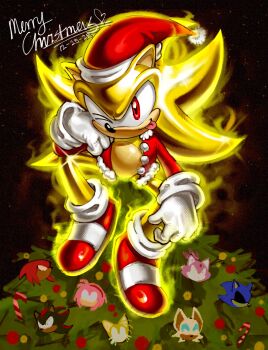 1boy 2025 amy_rose aura black_background blaze_the_cat character_ornament christmas christmas_tree commentary dated edlucavalden english_commentary furry furry_male hand_on_own_cheek hand_on_own_face hat highres knuckles_the_echidna metal_sonic one_eye_closed red_eyes rouge_the_bat santa_costume santa_hat shadow_the_hedgehog sitting solo sonic_(series) sonic_the_hedgehog super_sonic tails_(sonic) tongue tongue_out