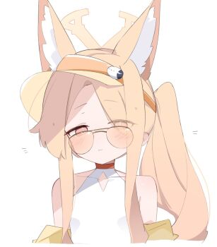 1girl :3 animal_ear_fluff animal_ears bare_shoulders blonde_hair blue_archive blush breasts bright_pupils closed_mouth clothing_cutout collarbone cross_halo diamond_cutout dot_nose extra_ears forehead fox_ears fox_girl glasses hair_over_one_eye halo highres jacket long_hair long_sidelocks looking_at_viewer off_shoulder official_alternate_costume official_alternate_hairstyle one-piece_swimsuit orange-tinted_eyewear pink_eyes seia_(blue_archive) seia_(swimsuit)_(blue_archive) side_ponytail sidelocks simple_background small_breasts solo sunglasses swimsuit tinted_eyewear tntl_nemui upper_body visor_cap white_background white_one-piece_swimsuit white_pupils yellow_halo yellow_jacket yellow_visor