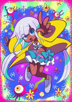 1girl bikini bikini_top_only blue_bow blue_eyes bow bra coat colorful_background danganronpa_(series) danganronpa_v3:_killing_harmony dark-skinned_female dark_skin hichimochi_(4gdq1cyagsnyqqz) highres jewelry loafers looking_at_viewer necklace reaching reaching_towards_viewer shell shell_necklace shoes skirt solo_focus swimsuit twintails underwear white_hair white_shoes yellow_coat yonaga_angie