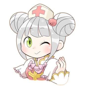 Rule 34 | 1girl, arch bishop (ragnarok online), blush, closed mouth, commentary request, cross, double bun, dress, frilled dress, frills, green eyes, hair bun, hand up, hat, looking at viewer, nurse cap, oekakipikki, official alternate costume, one eye closed, pink dress, poring, portrait, ragnarok online, red cross, short hair, simple background, smile, solo, two-tone dress, upper body, white background, white dress, white hat