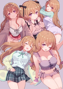 1girl absurdres arms_up bikini braid breasts brown_hair cleavage commentary_request crawling cream_(nipakupa) frilled_bikini frills happy highres jirai_kei konoe_kanata long_hair looking_at_viewer love_live! love_live!_nijigasaki_high_school_idol_club midriff multiple_views navel nijigasaki_school_uniform one_eye_closed pajamas purple_background purple_bikini purple_eyes red_skirt school_uniform shirt skirt sleeping sleepy smile spaghetti_strap swimsuit thighs twin_braids twintails white_shirt