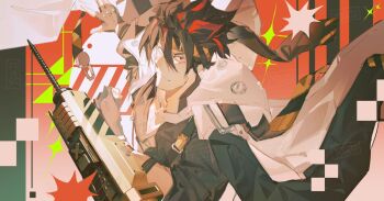 Rule 34 | 1boy, anton ivanov, black gloves, coat, coat on shoulders, drill, fingerless gloves, gloves, headband, jacket, looking at viewer, male focus, multicolored hair, red streaks, short hair, solo, spiked hair, streaked hair, striped headband, upper body, white jacket, yolk72, zenless zone zero