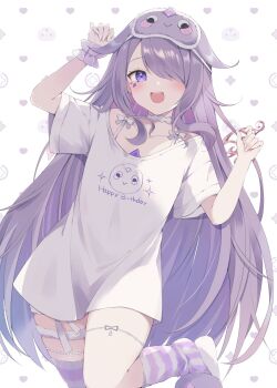 Rule 34 | 1girl, chest jewel, choker, commentary, english commentary, gem, hair over one eye, highres, hololive, hololive english, jewel under eye, koseki bijou, koseki bijou (pebble pajamas), long hair, loveyuzu, mask, mask on head, metal wings, official alternate costume, official alternate hairstyle, open mouth, pink eyes, pink hair, purple gem, shirt, sleep mask, slippers, solo, striped clothes, striped thighhighs, thighhighs, very long hair, virtual youtuber, white choker, white shirt