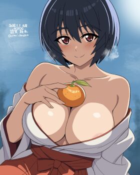 1girl absurdres alternate_costume bare_shoulders black_hair blurry blurry_background blush brave_witches breasts commentary_request food fruit hakama hakama_skirt highres japanese_clothes large_breasts looking_at_viewer mandarin_orange red_eyes red_hakama shimohara_sadako short_hair skirt smile solo twitter_username unkai_daraku upper_body world_witches_series