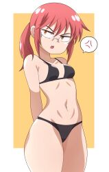 Rule 34 | 1girl, abysswatchers, annoyed, arms behind back, black bra, black panties, border, bra, breasts, cowboy shot, eyebrows, female focus, glasses, kobayashi-san chi no maidragon, kobayashi (maidragon), legs together, looking at viewer, medium hair, navel, open mouth, panties, ponytail, red hair, simple background, skinny, small breasts, solo, standing, teeth, underwear, upper teeth only, white border, yellow background, yellow eyes
