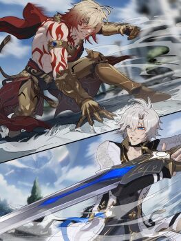 2boys antenna_hair arm_tattoo armlet armor armored_boots black_choker black_coat black_pants black_shirt blonde_hair blue_eyes boots braid cape chest_tattoo choker clawed_gauntlets coat commentary dawnmaker_(honkai:_star_rail) earrings english_commentary facial_tattoo gold_earrings gold_necklace gradient_hair highres holding holding_sword holding_weapon honkai:_star_rail honkai_(series) jewelry male_focus medium_hair multicolored_hair multiple_boys mydei_(honkai:_star_rail) neck_tattoo necklace open_clothes open_coat pants parted_bangs pauldrons phainon_(honkai:_star_rail) red_cape red_hair red_tattoo ruuhlid shirt short_hair shoulder_armor side_braid side_cape single_pauldron sun_symbol sun_tattoo sword tan tattoo weapon white_coat white_hair yellow_eyes